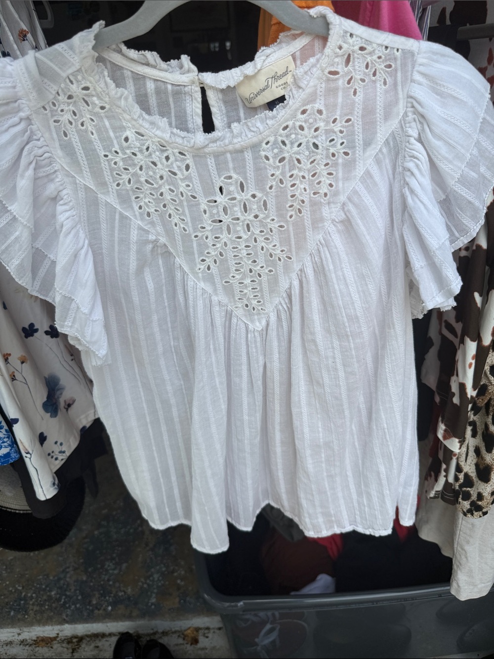 Universal Thread White Eyelet Yoke Ruffle Sleeve Blouse